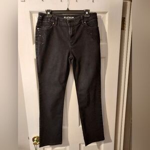 CHICO'S Black Platinum Jeans with Rhinestone Accents, size 1.5. Straight Leg